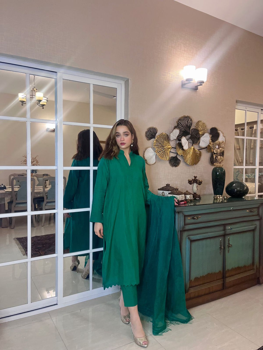 Raw silk three pc bottle green colour .
Pakistani brand delivering to Uk London
UK indian Pakistani brand
Women clothing brand in Pakistan
Online shopping brands
Ladies clothing brand in Pakistan
Pakistani brand delivering to Uk
Formal wears
Party wear 
Embroidery shirts 